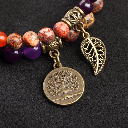 Double-Layered Chakra Beads - Leaf & Tree of Life Charm Bracelet