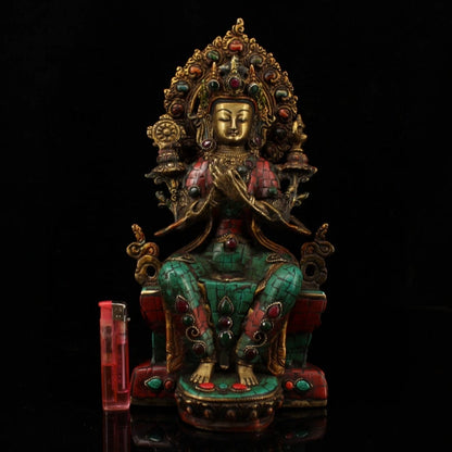 Jampa Lhakang Tibetan Statue for Eliminating All Disasters  Handmade inlay gem Painted outline