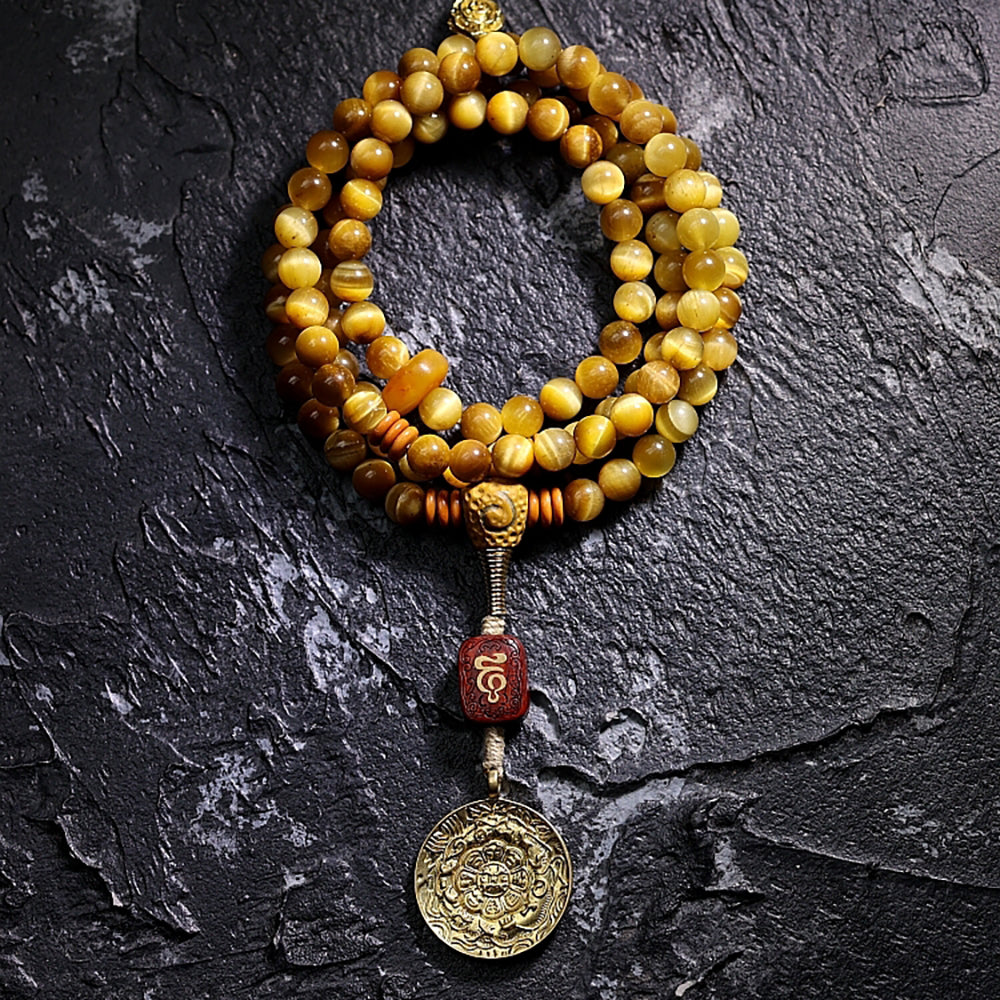 Tibetan Wealth Tiger Eye & Amber Necklace