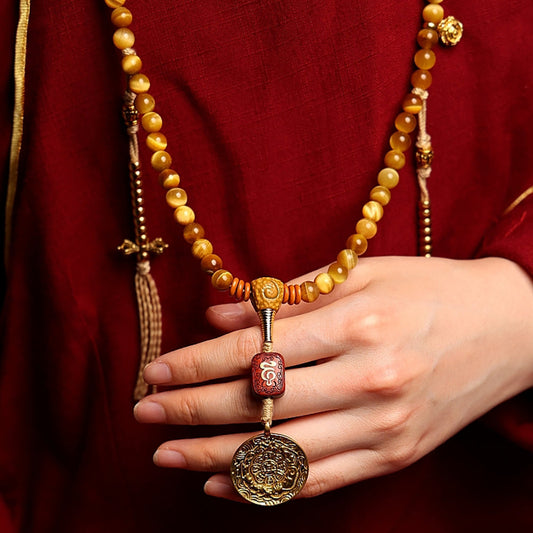 Tibetan Wealth Tiger Eye & Amber Necklace