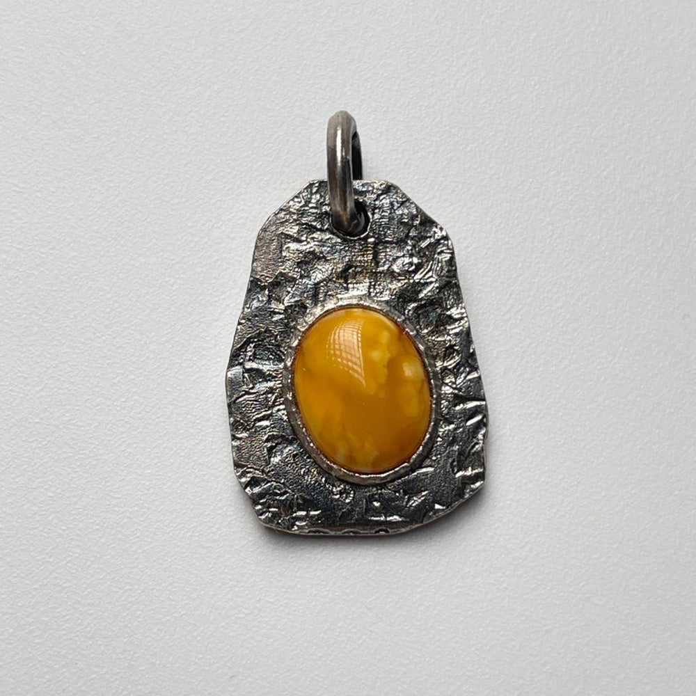 "Ember of Courage" Tibetan Silver Amber & Carnelian Pendant