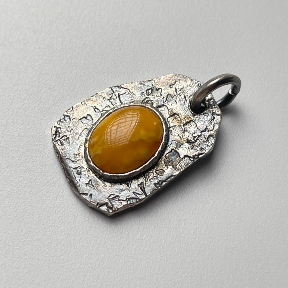 "Ember of Courage" Tibetan Silver Amber & Carnelian Pendant