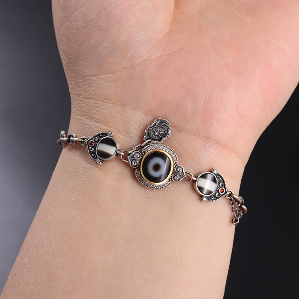 Eye of Protection Dzi Agate & 925 Silver Bracelet