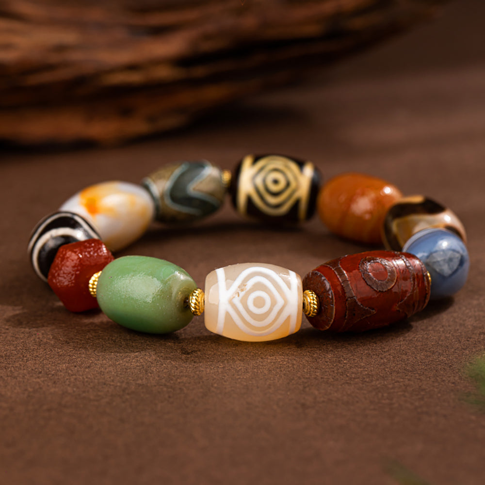 Sacred Protection Dzi and Agate Bead Bracelet