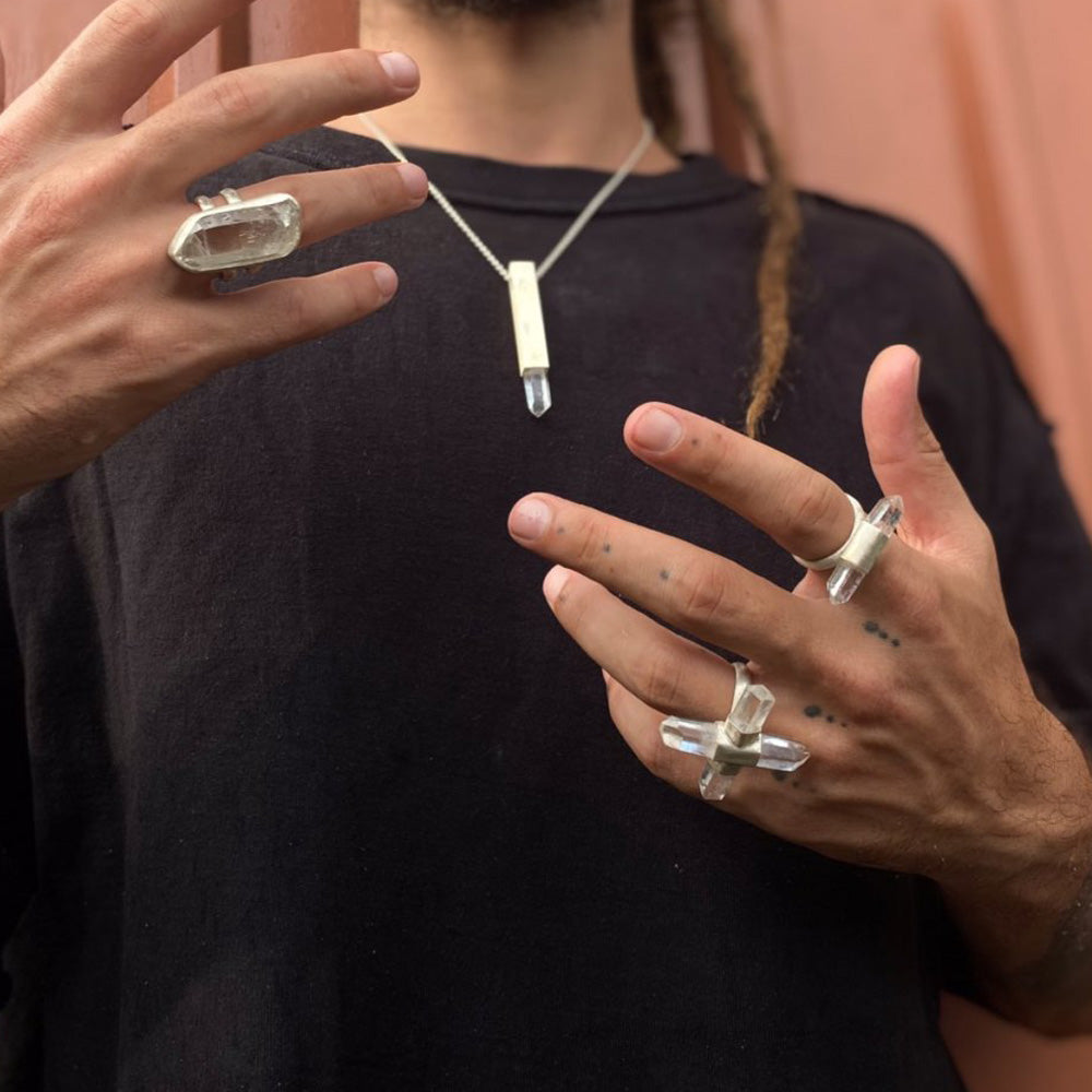 Twin Peaks Crystal Ring Tibetan Clear Quartz & Silver Purity Power Duo