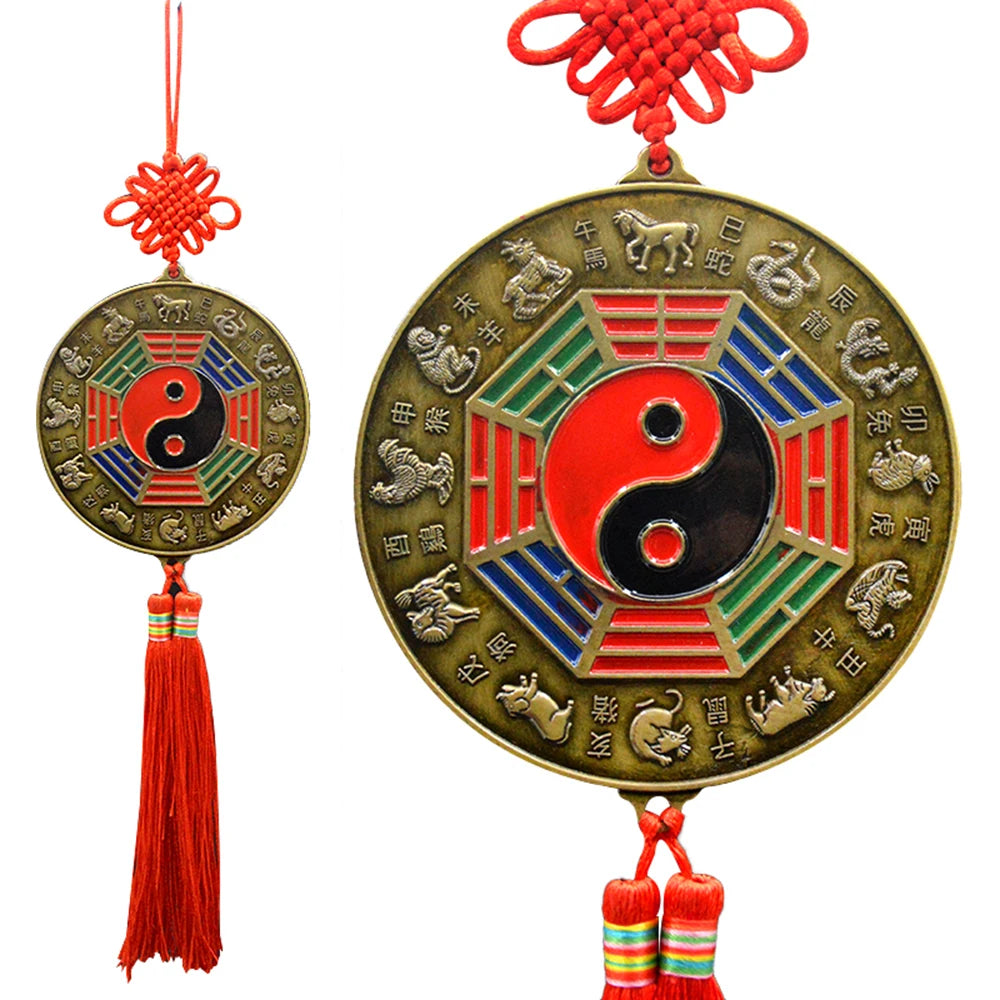 Lucky Chinese Zodiac Knot Feng Shui Tai chi Round Bagua Mirror Four Beasts Taoist Talisman Energy Home Decoration Ornament