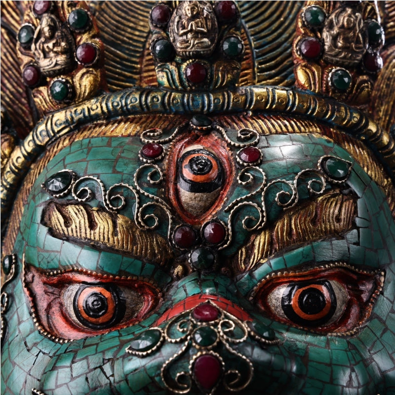 Mahakala Deity Mask Hang Bronze TurquoiseInlay Gems