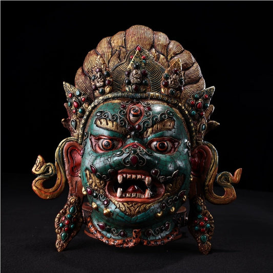 Mahakala Deity Mask Hang Bronze TurquoiseInlay Gems