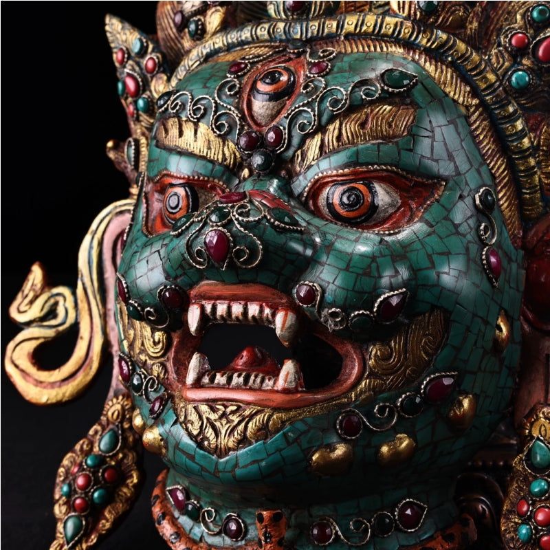 Mahakala Deity Mask Hang Bronze TurquoiseInlay Gems