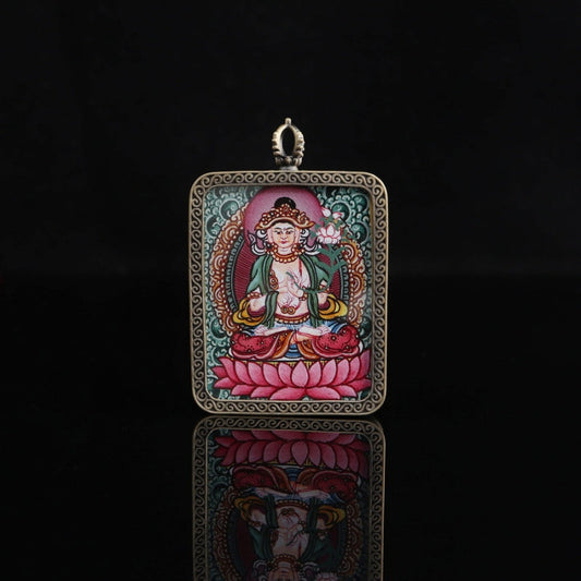 Mahasthamaprapta Tibetan Thangka Pendant with the Eight Auspicious Tibetan Signs Shell