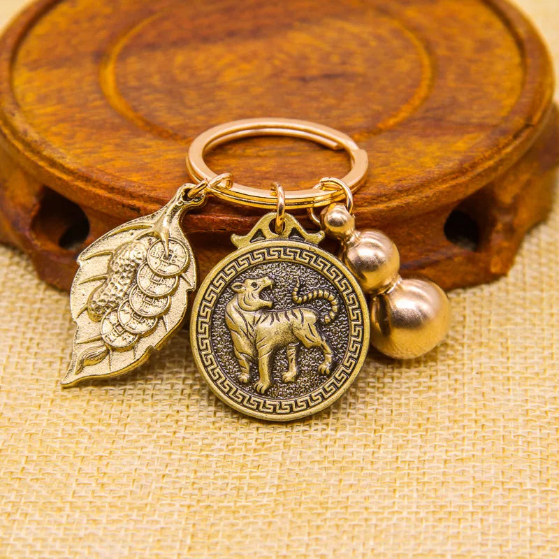 Make Money Leaves Chinese Zodiac Pendant Brass Gourd Car Keychain Pendant