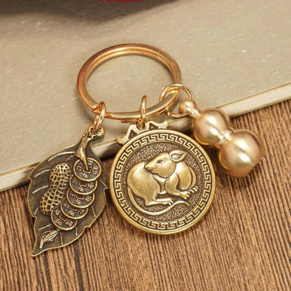 Make Money Leaves Chinese Zodiac Pendant Brass Gourd Car Keychain Pendant