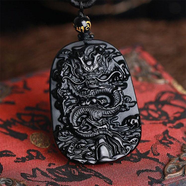 Natural Black Obsidian Dragon Necklace - Protection, Luck, Success