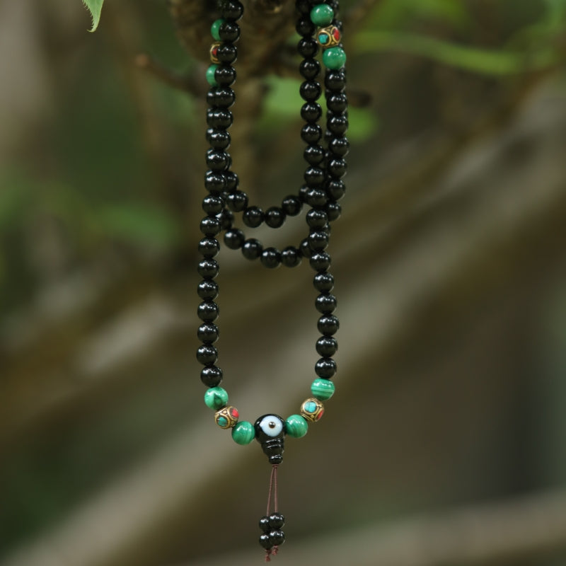 Protection Energy Obsidian and Turquoise Mala Necklace