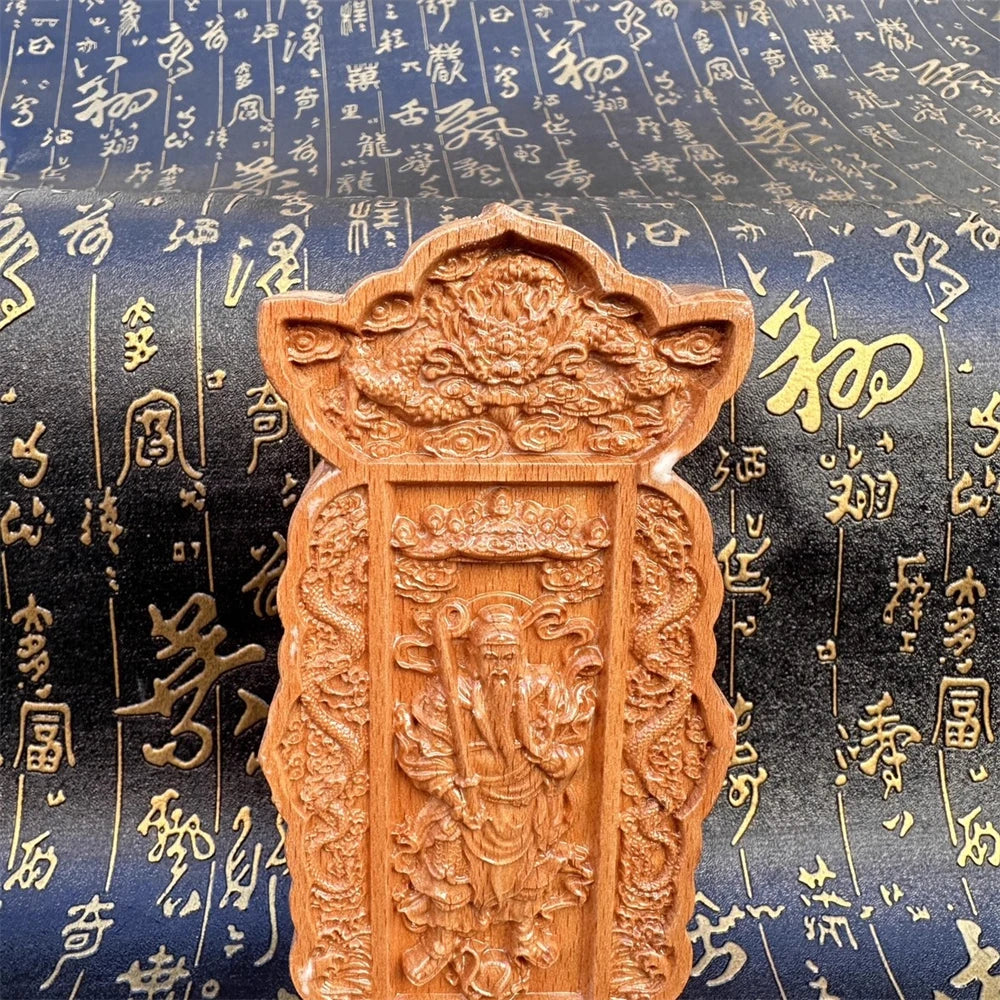 Peach wood carved double dragons, Zhenwu Emperor, Xuantian God Taoist memorial tablet