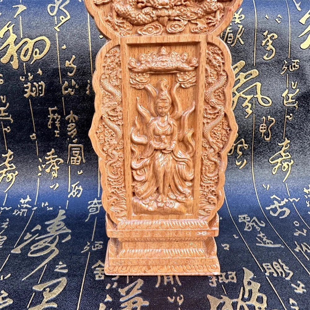 Peach wood carved double dragons, nine tailed fox Taoist memorial tablet