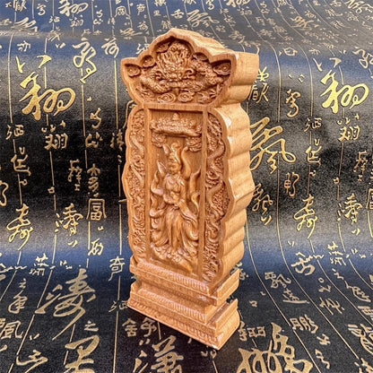 Peach wood carved double dragons, nine tailed fox Taoist memorial tablet