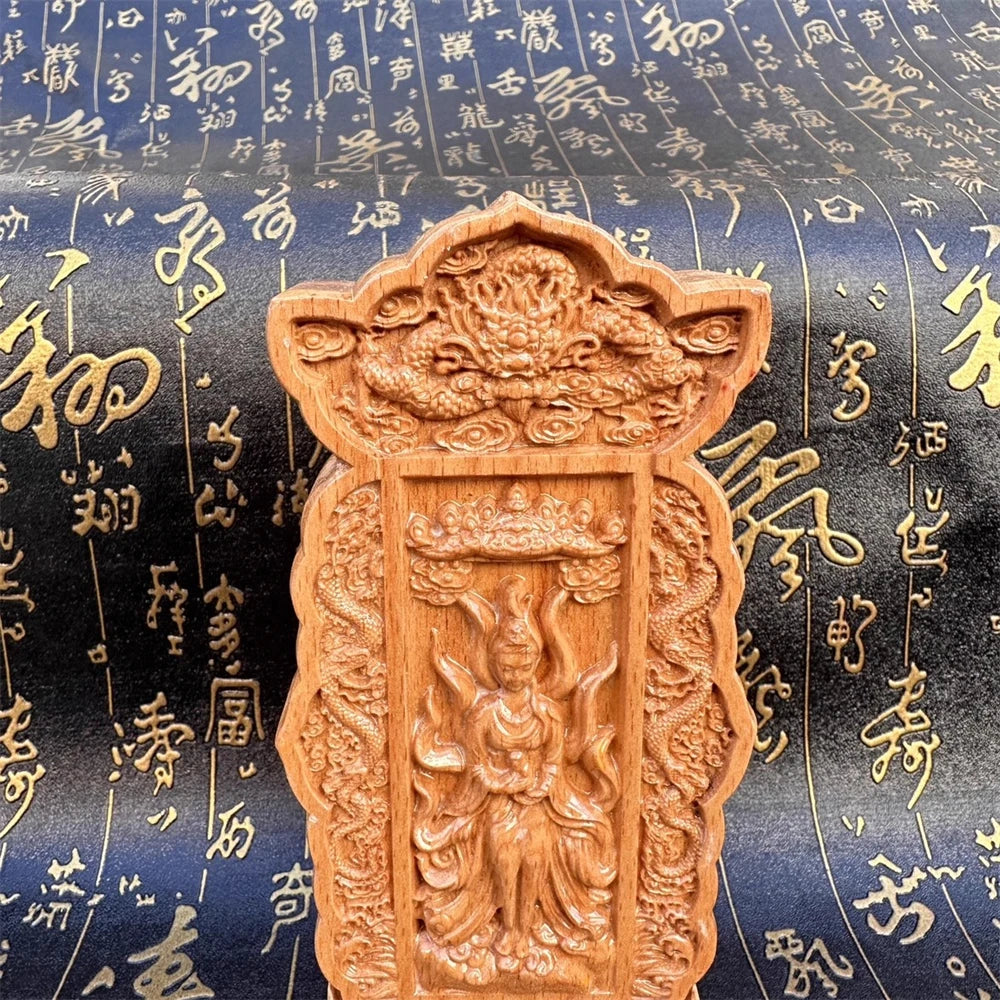 Peach wood carved double dragons, nine tailed fox Taoist memorial tablet