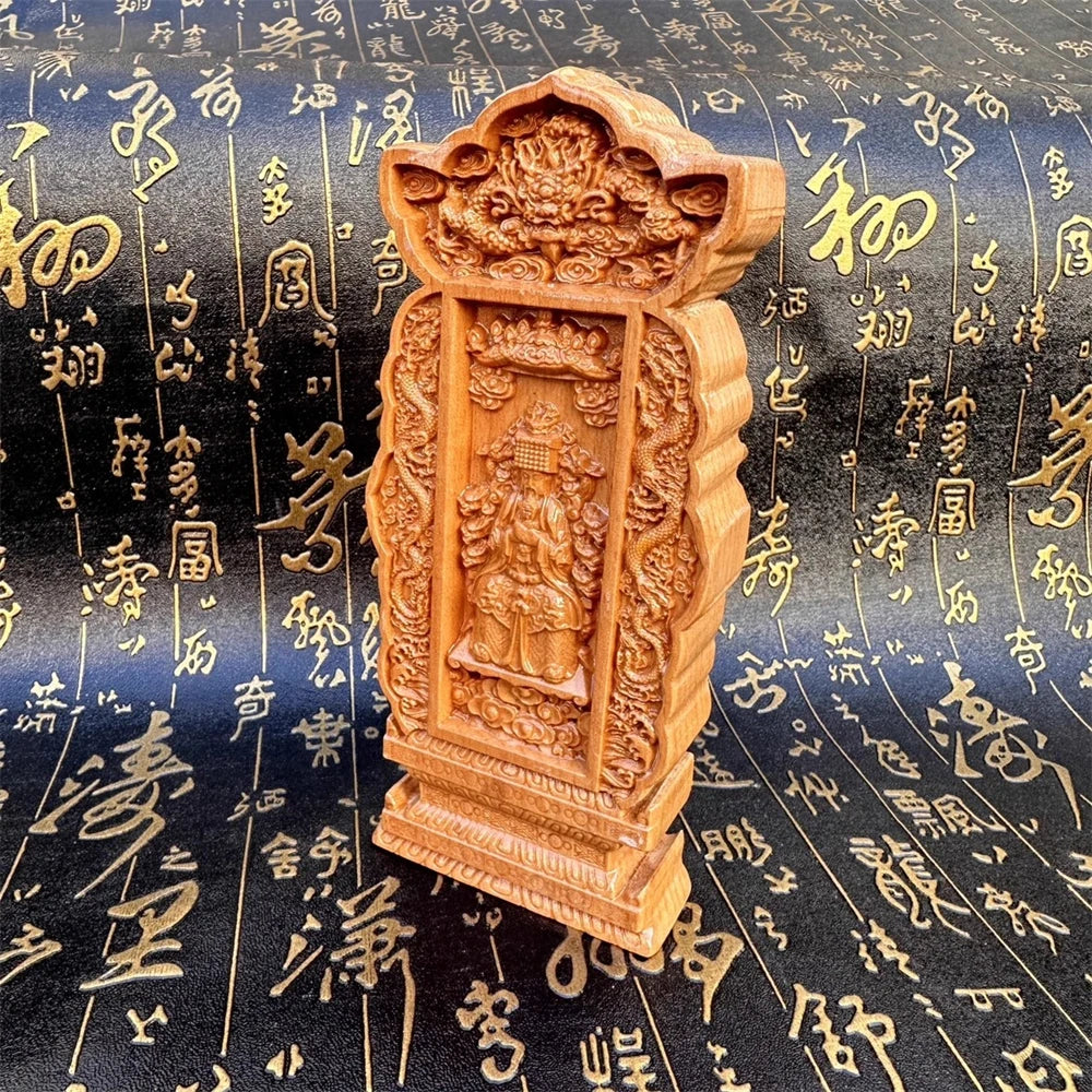 Peach wood carved double dragons, the Jade Emperor Taoist memorial tablet