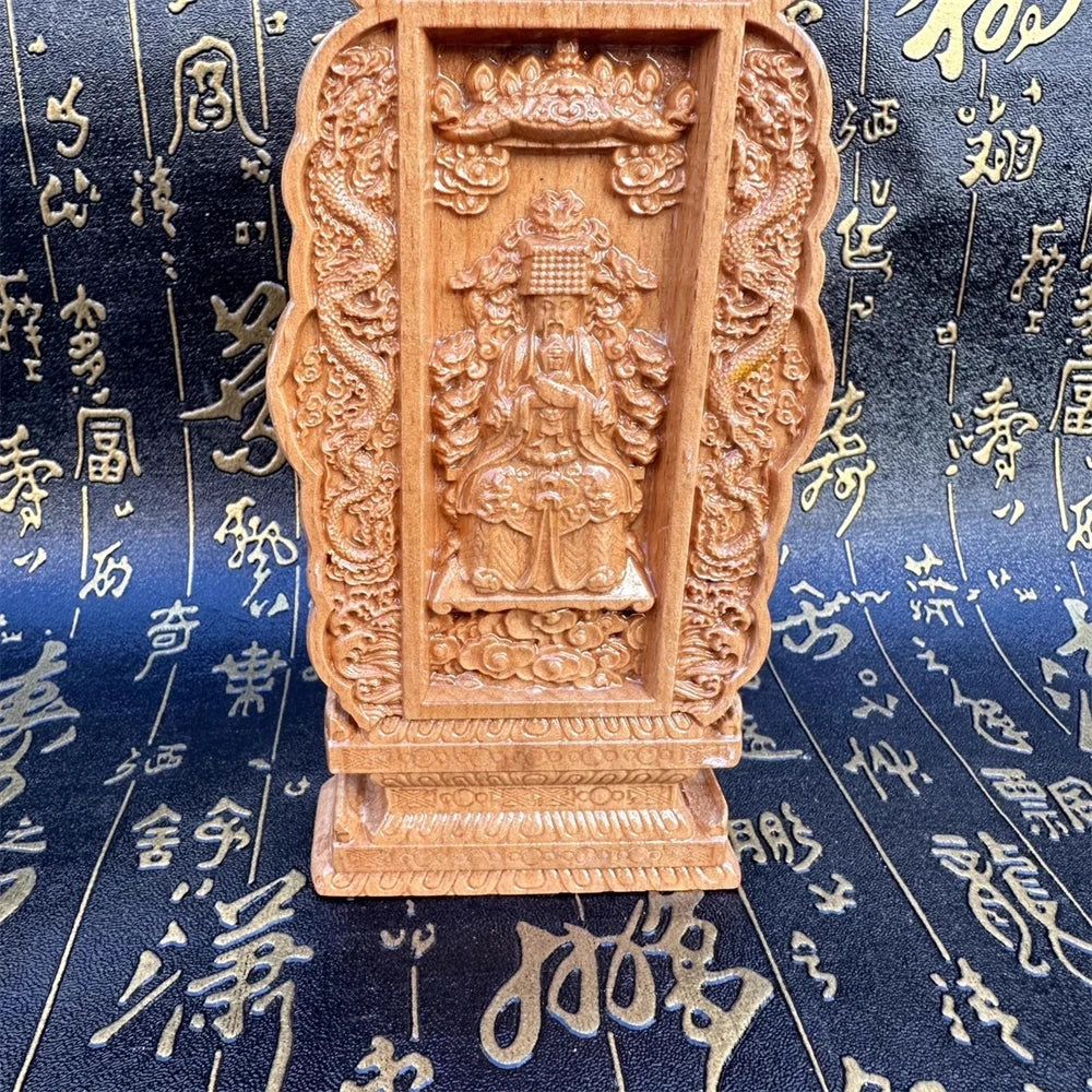 Peach wood carved double dragons, the Jade Emperor Taoist memorial tablet