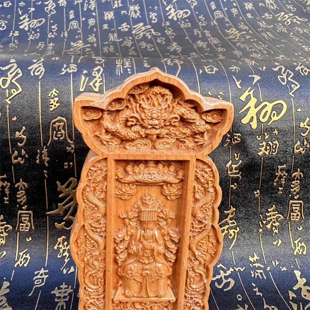 Peach wood carved double dragons, the Jade Emperor Taoist memorial tablet