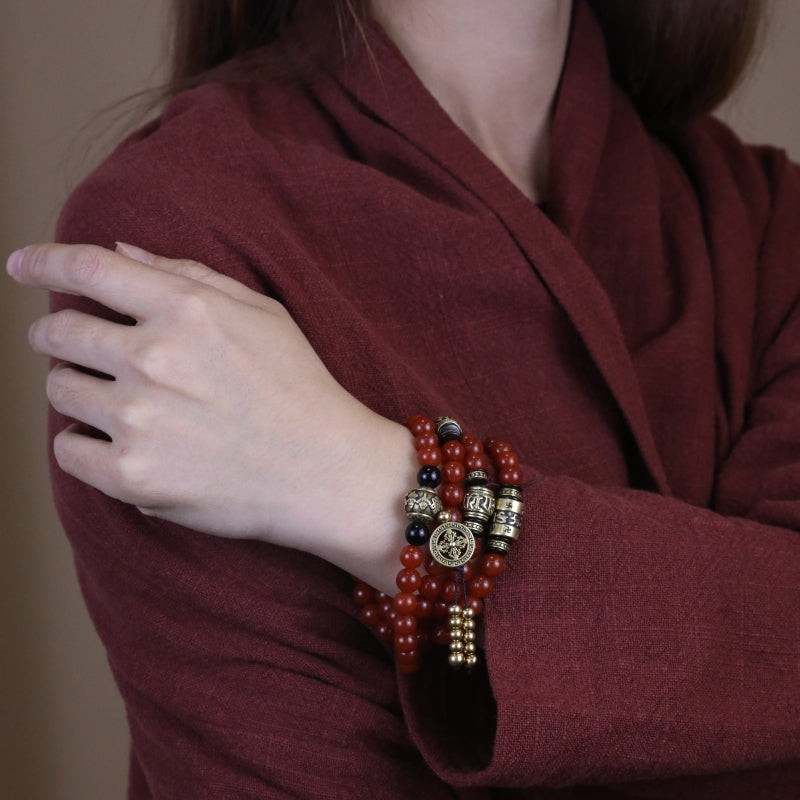 Health Energy Red Carnelian Agate and Obsidian Mala Necklace