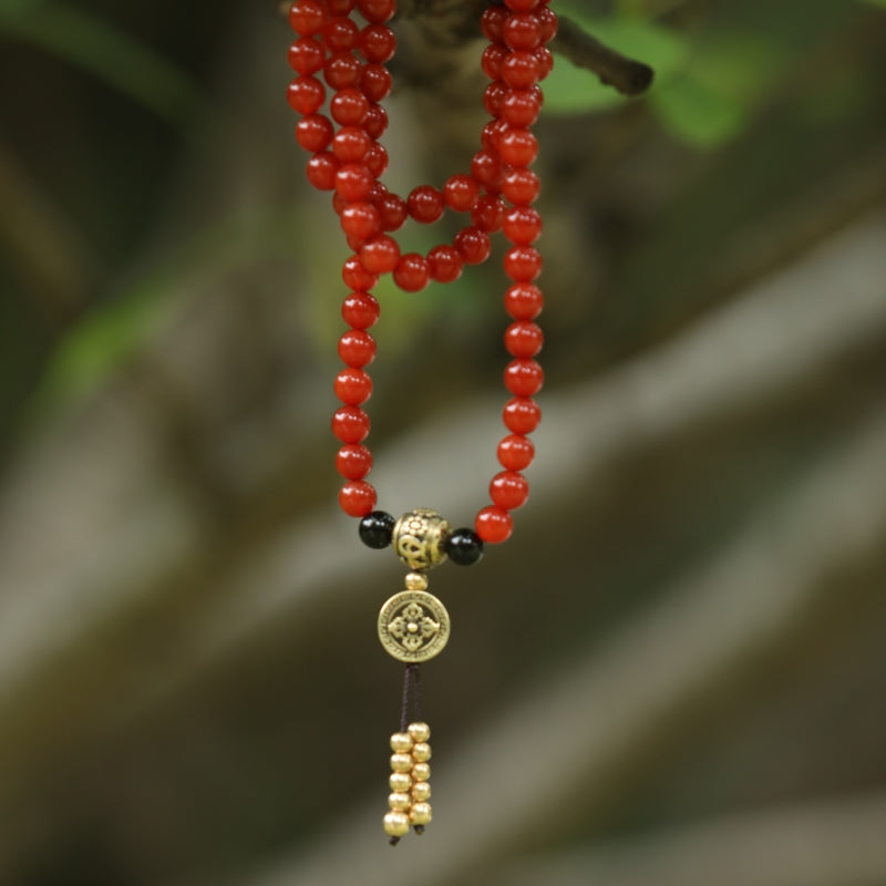 Health Energy Red Carnelian Agate and Obsidian Mala Necklace