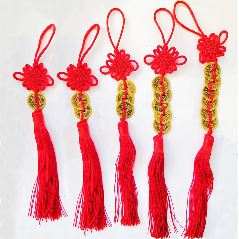 Red Chinese Knot Feng ShuI Lucky Charm Protection Ancient I CHING Coins Prosperity Good Fortune Home Car Decor Decorations