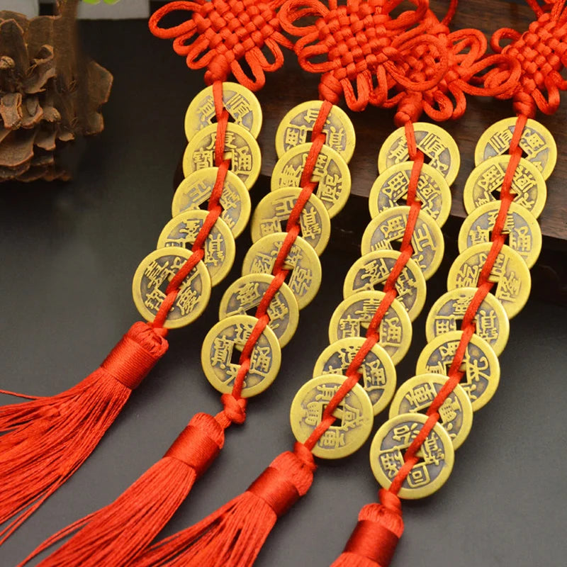 Red Yellow Chinese Knot Feng Money Wealth Success Copper Ancien Coins Lucky Charm Home Decoration Ten emperors Antique Fortune