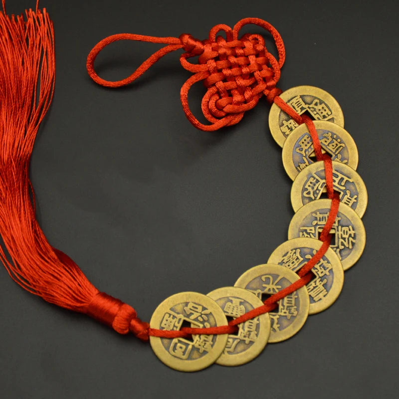 Red Yellow Chinese Knot Feng Money Wealth Success Copper Ancien Coins Lucky Charm Home Decoration Ten emperors Antique Fortune