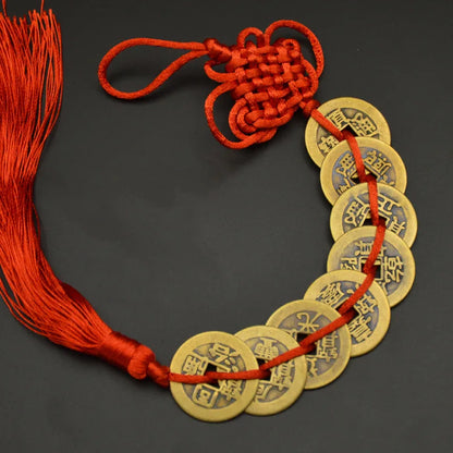 Red Yellow Chinese Knot Feng Money Wealth Success Copper Ancien Coins Lucky Charm Home Decoration Ten emperors Antique Fortune