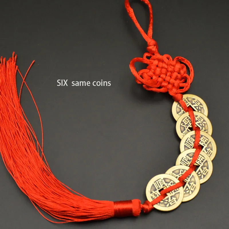 Red Yellow Chinese Knot Feng Money Wealth Success Copper Ancien Coins Lucky Charm Home Decoration Ten emperors Antique Fortune