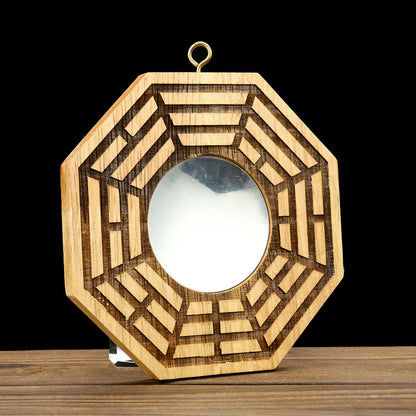 Retro Feng Shui Mahogany Bagua Mirror Auspicious Lucky Blessing Fortune Protection Hanging Taoist Talisman Energy Home Decor