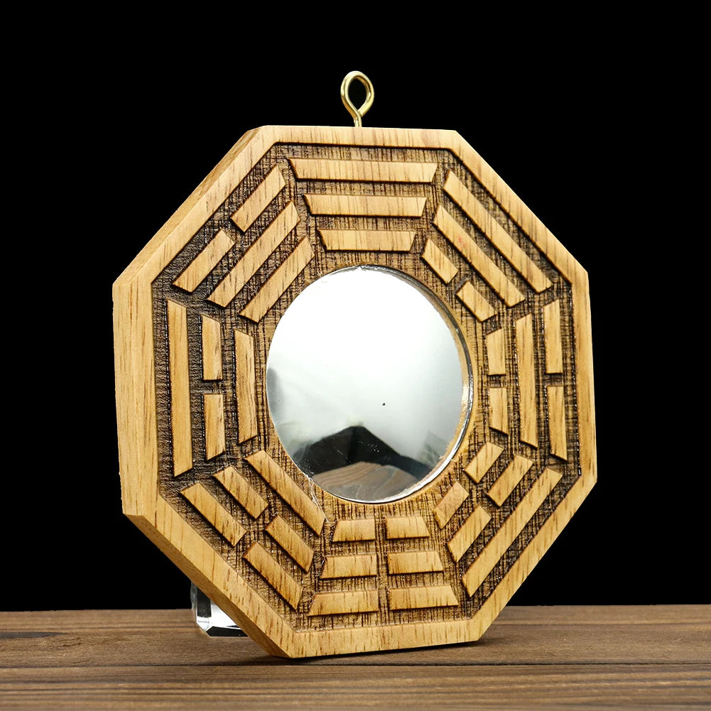 Retro Feng Shui Mahogany Bagua Mirror Auspicious Lucky Blessing Fortune Protection Hanging Taoist Talisman Energy Home Decor