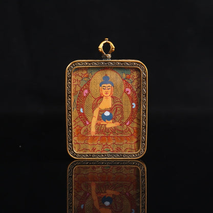 Shakyamuni Buddha Tibetan Thangka Pendant Hand-painted with Gold Outline and Vajra Shell