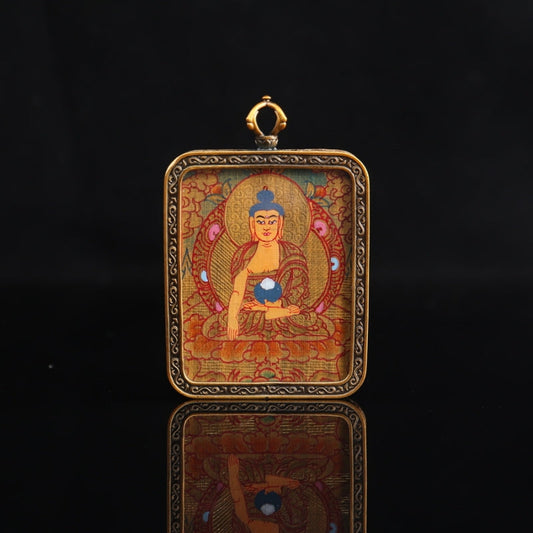 Shakyamuni Buddha Tibetan Thangka Pendant Hand-painted with Gold Outline and Vajra Shell