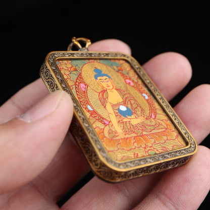 Shakyamuni Buddha Tibetan Thangka Pendant Hand-painted with Gold Outline and Vajra Shell