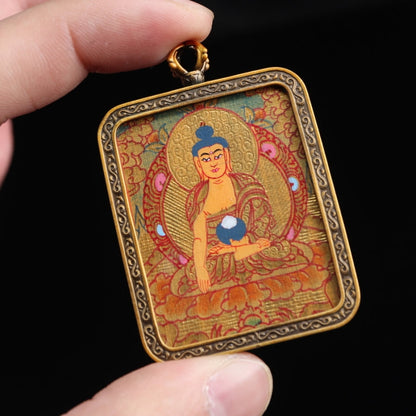 Shakyamuni Buddha Tibetan Thangka Pendant Hand-painted with Gold Outline and Vajra Shell