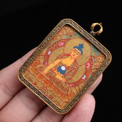 Shakyamuni Buddha Tibetan Thangka Pendant Hand-painted with Gold Outline and Vajra Shell