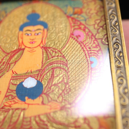 Shakyamuni Buddha Tibetan Thangka Pendant Hand-painted with Gold Outline and Vajra Shell