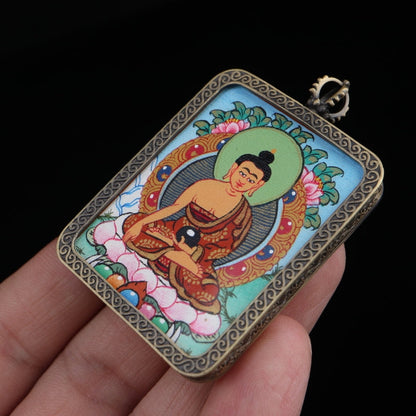 Shakyamuni Buddha Tibetan Thangka Pendant with Eight Auspicious Tibetan Signs Shell