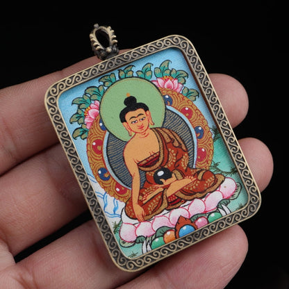 Shakyamuni Buddha Tibetan Thangka Pendant with Eight Auspicious Tibetan Signs Shell