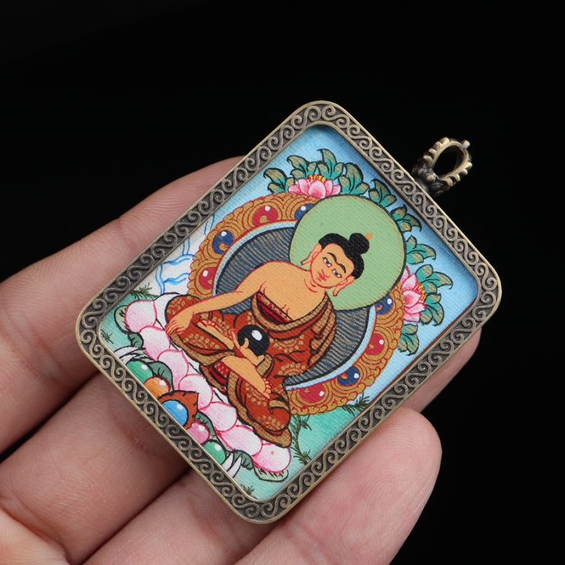 Shakyamuni Buddha Tibetan Thangka Pendant with Eight Auspicious Tibetan Signs Shell