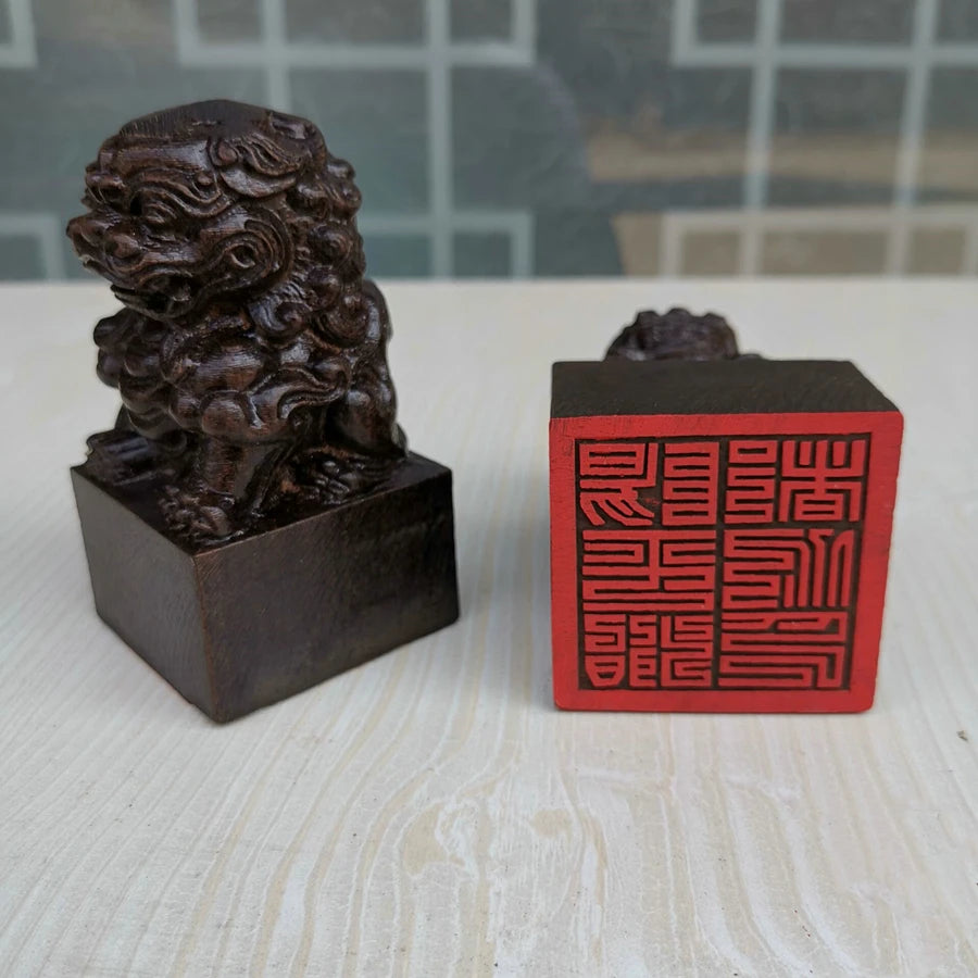 Taoist seal, Yangping zhidu gongtianshi seal a set, black sandalwood three-dimensional carving lion seal, Taoist supplies