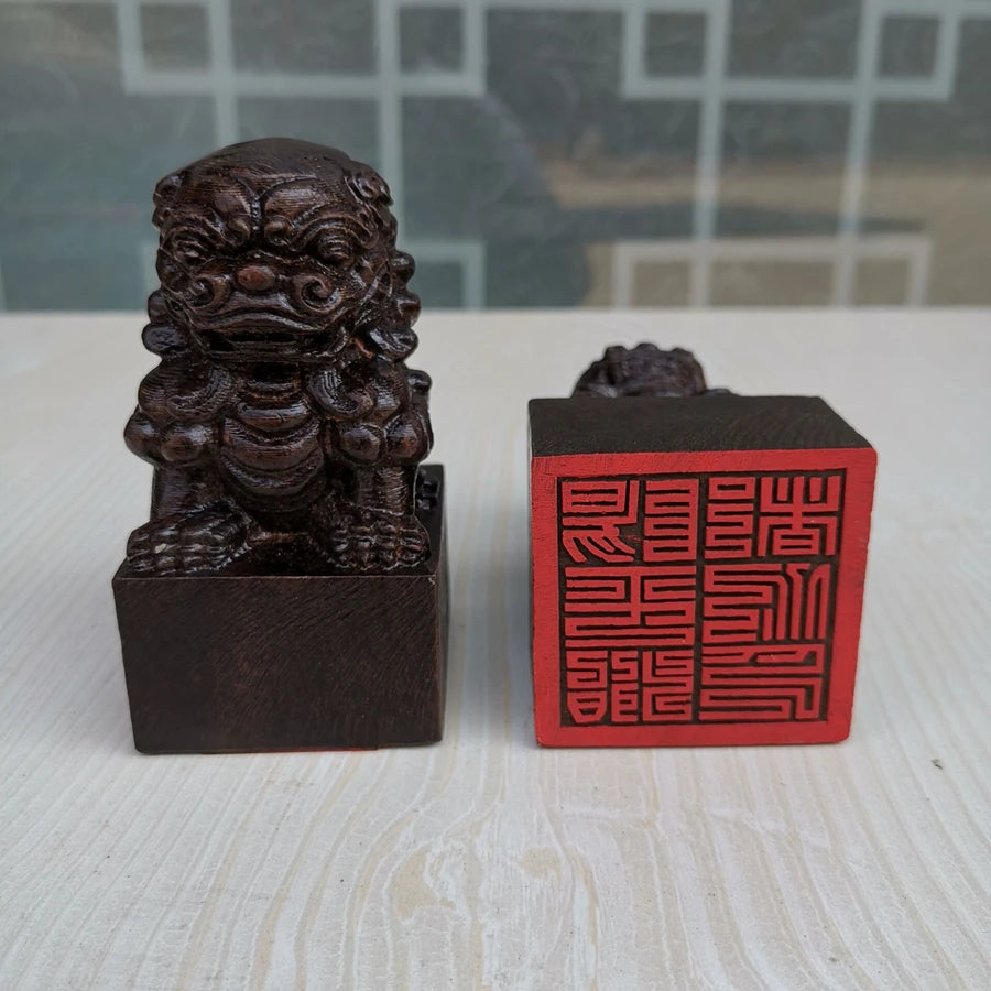 Taoist seal, Yangping zhidu gongtianshi seal a set, black sandalwood three-dimensional carving lion seal, Taoist supplies