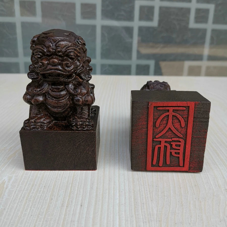 Taoist seal, Yangping zhidu gongtianshi seal a set, black sandalwood three-dimensional carving lion seal, Taoist supplies