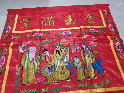 Taoist supplies, altar supplies, three immortals - Fu, Lu, Shou, gold and jade fill the hall  table skirt, red 1 meter