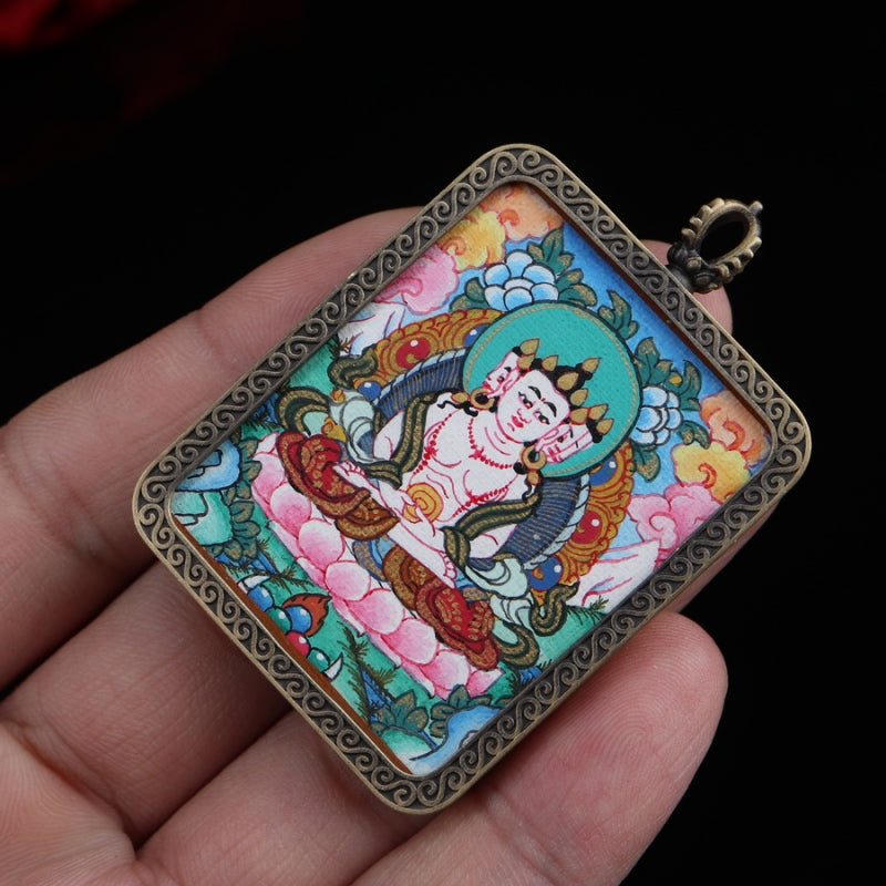 Vairocana Buddha Tibetan Thangka Pendant with Eight Auspicious Tibetan Signs Pure Copper Shell