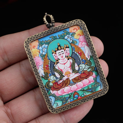 Vairocana Buddha Tibetan Thangka Pendant with Eight Auspicious Tibetan Signs Pure Copper Shell