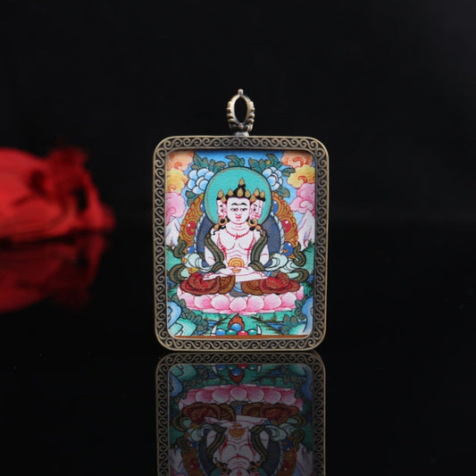 Vairocana Buddha Tibetan Thangka Pendant with Eight Auspicious Tibetan Signs Pure Copper Shell